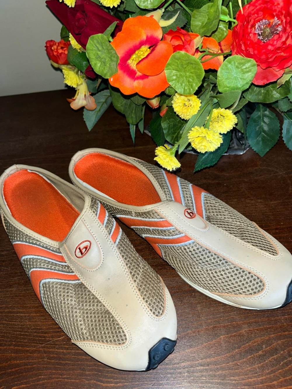 Women's Slip-On Mesh Mules in Orange and Tan
